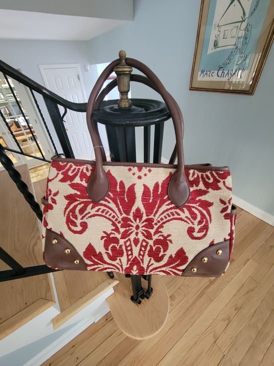 Etienne Aigner Handbags - Etienne Aigner Red and Cream Floral Tote Bag with Brown Trim